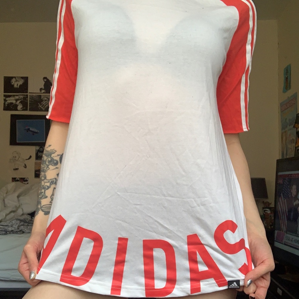 Adidas White Shirt with Red Sleeves/Text- M